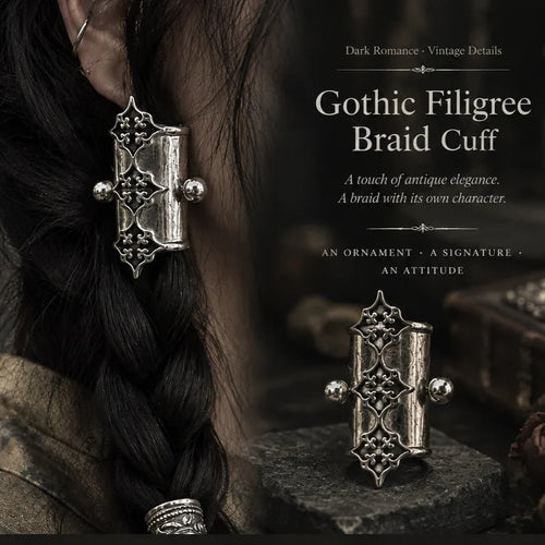 🖤 Gothic Filigree Hair Cuffs | 2-Piece Antique Silver Braid Set