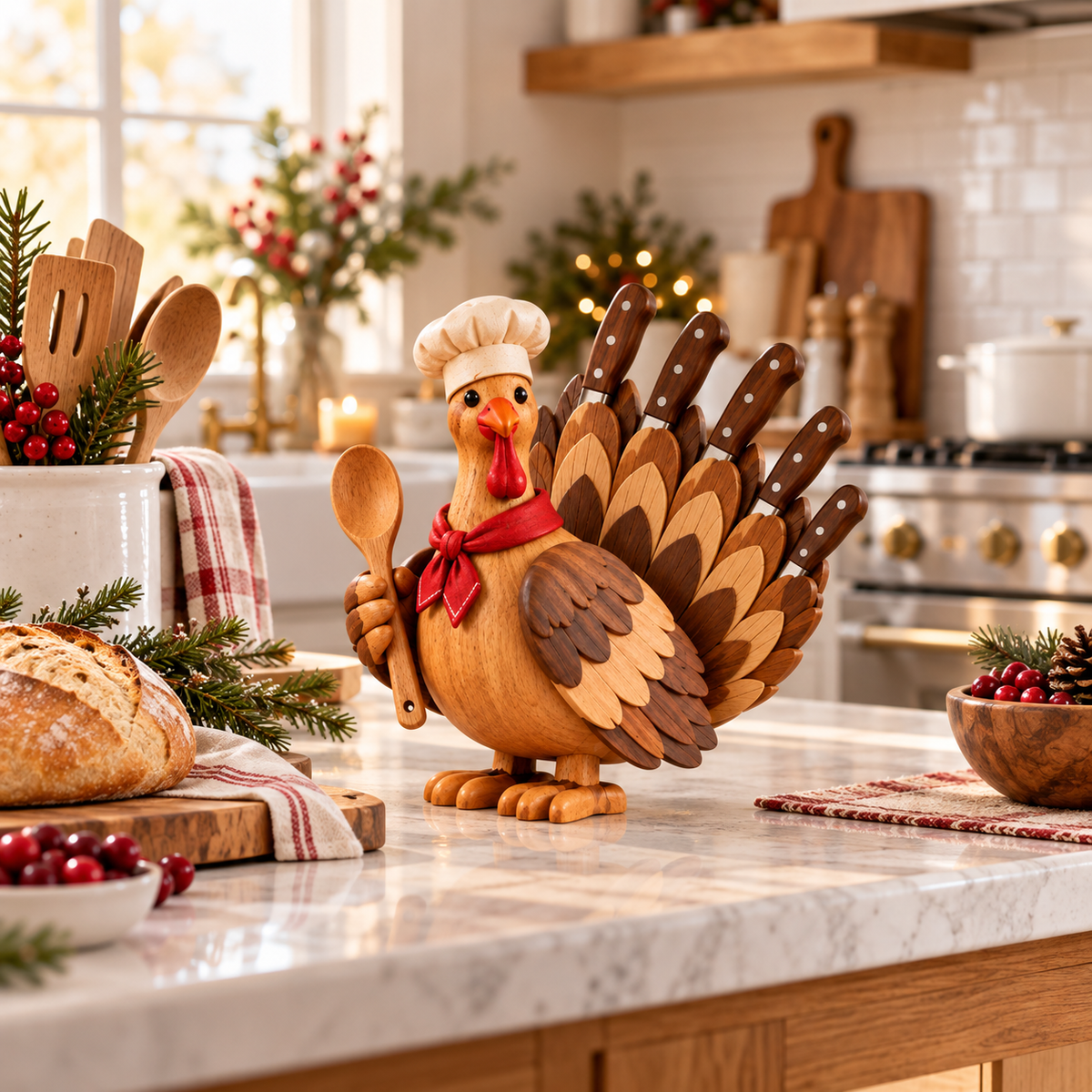 Wooden turkey knife holder in a warm Thanksgiving kitchen