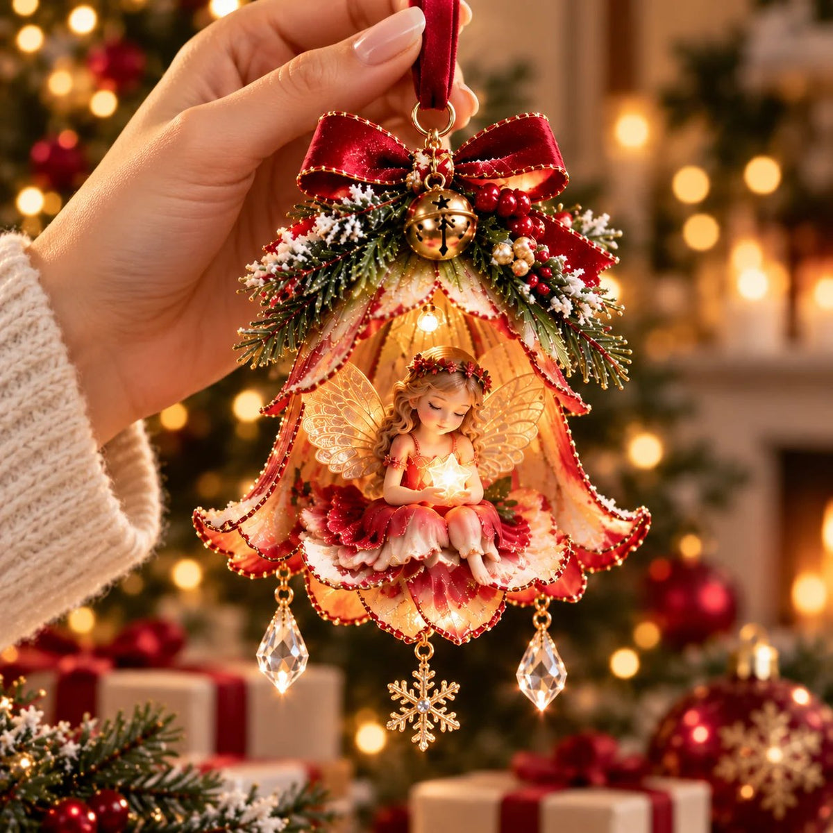 Multiple fairy ornaments displayed on a Christmas tree
