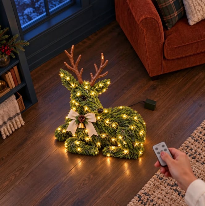 Original product scene showing a person using the remote control with the glowing reindeer indoors