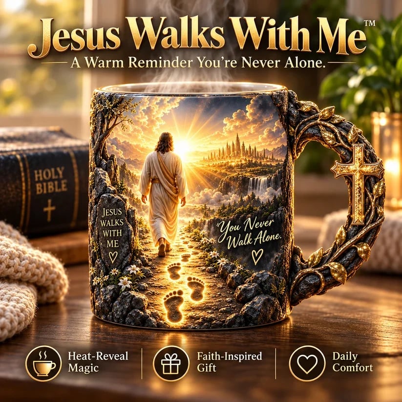 Jesus Walks With Me heat reveal faith coffee mug with decorative cross inspired handle