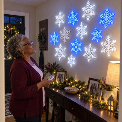 ❄️ LED Snowflake Wall Lights | 3D Christmas Snowflake Décor with Blue & White Glow, Remote Control & Magical Indoor Holiday Atmosphere ✨
