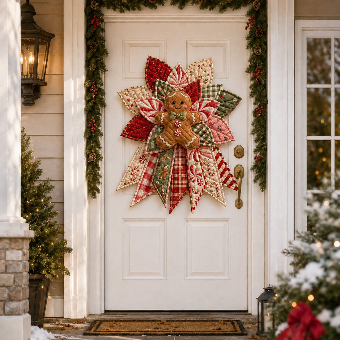 Handmade gingerbread quilted Christmas decoration on a white front door