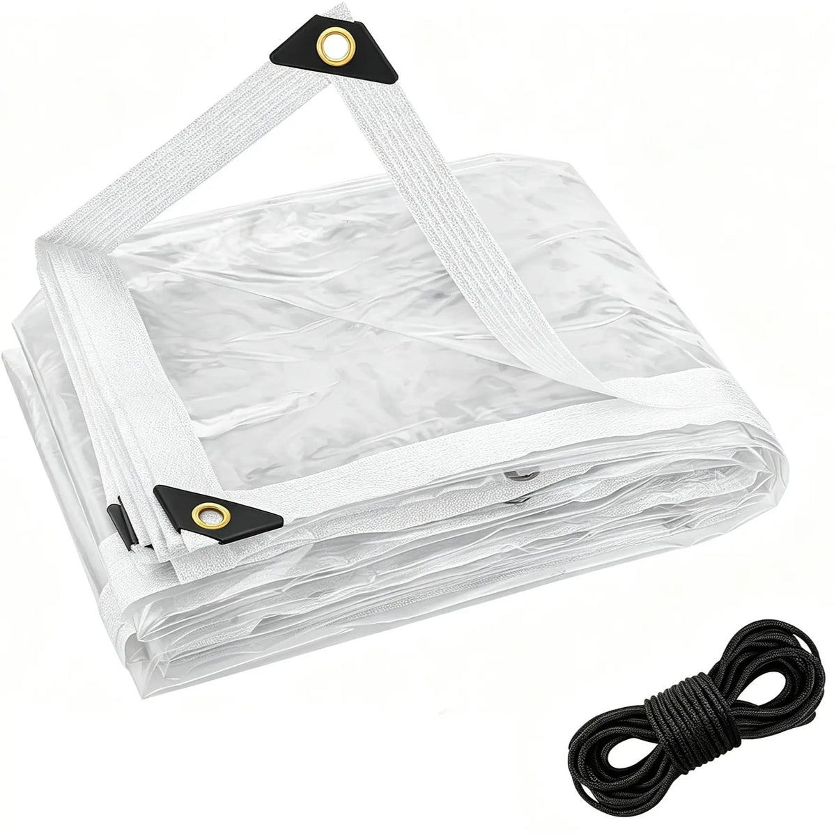 Folded transparent outdoor tarp with rope and reinforced grommets