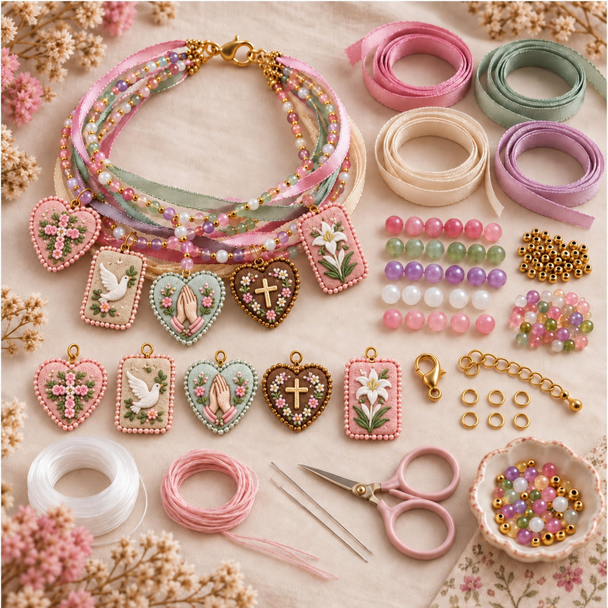 DIY Christian Faith Ribbon Bracelet Kit – Beaded Cross, Dove & Inspirational Charm Jewelry Craft Set