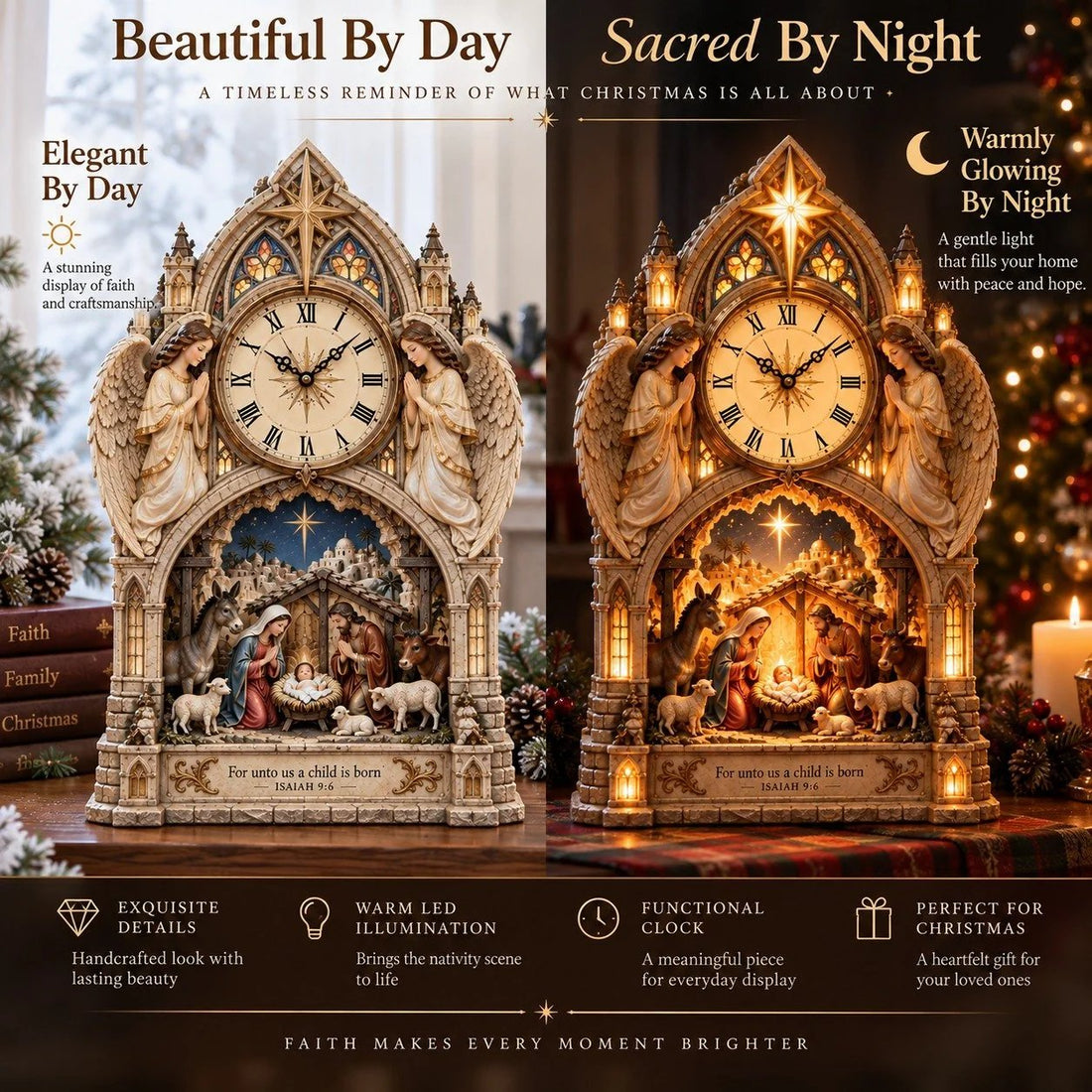 Side-by-side daytime and illuminated nighttime views of the same Bethlehem Nativity clock
