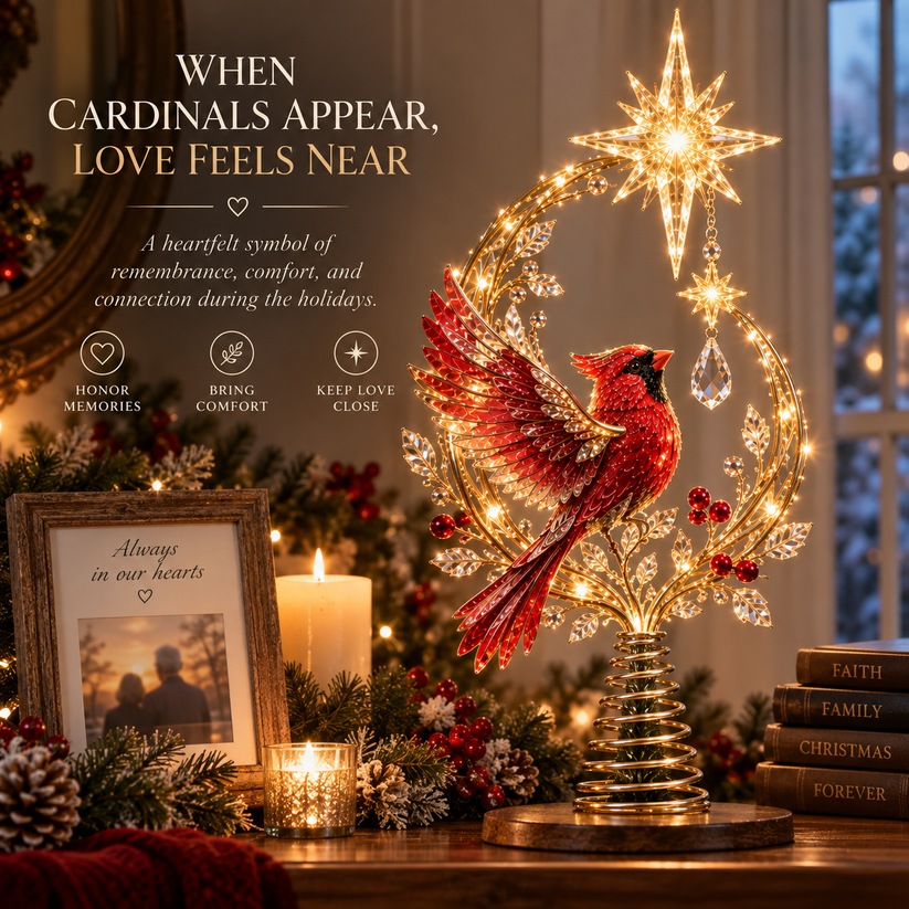Red cardinal Christmas tree topper with sentimental meaning