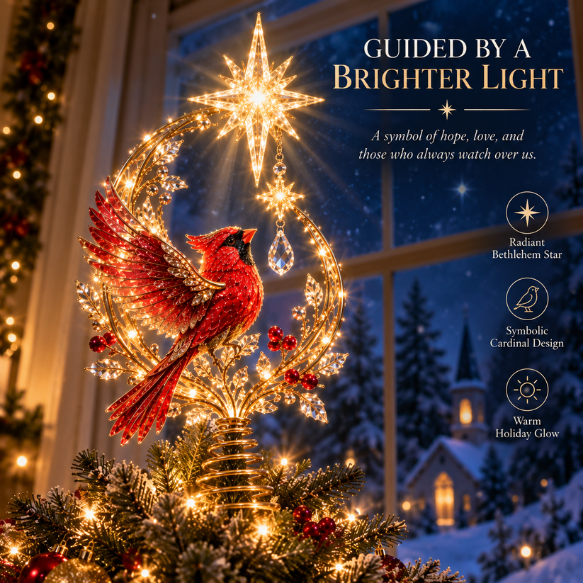 Illuminated star and red cardinal Christmas tree topper
