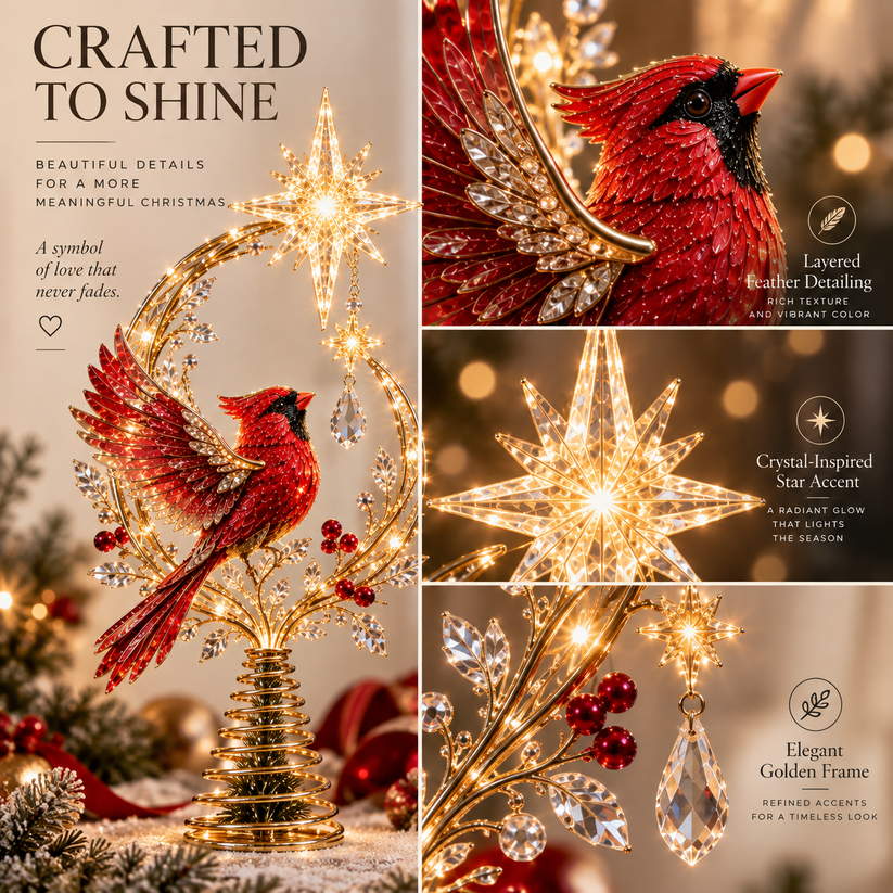 Detailed cardinal Christmas tree topper with decorative branches