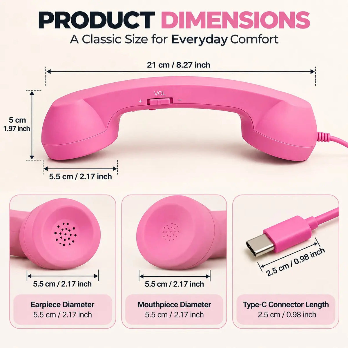 Pink Type-C retro telephone handset dimensions, approximately 21 cm long