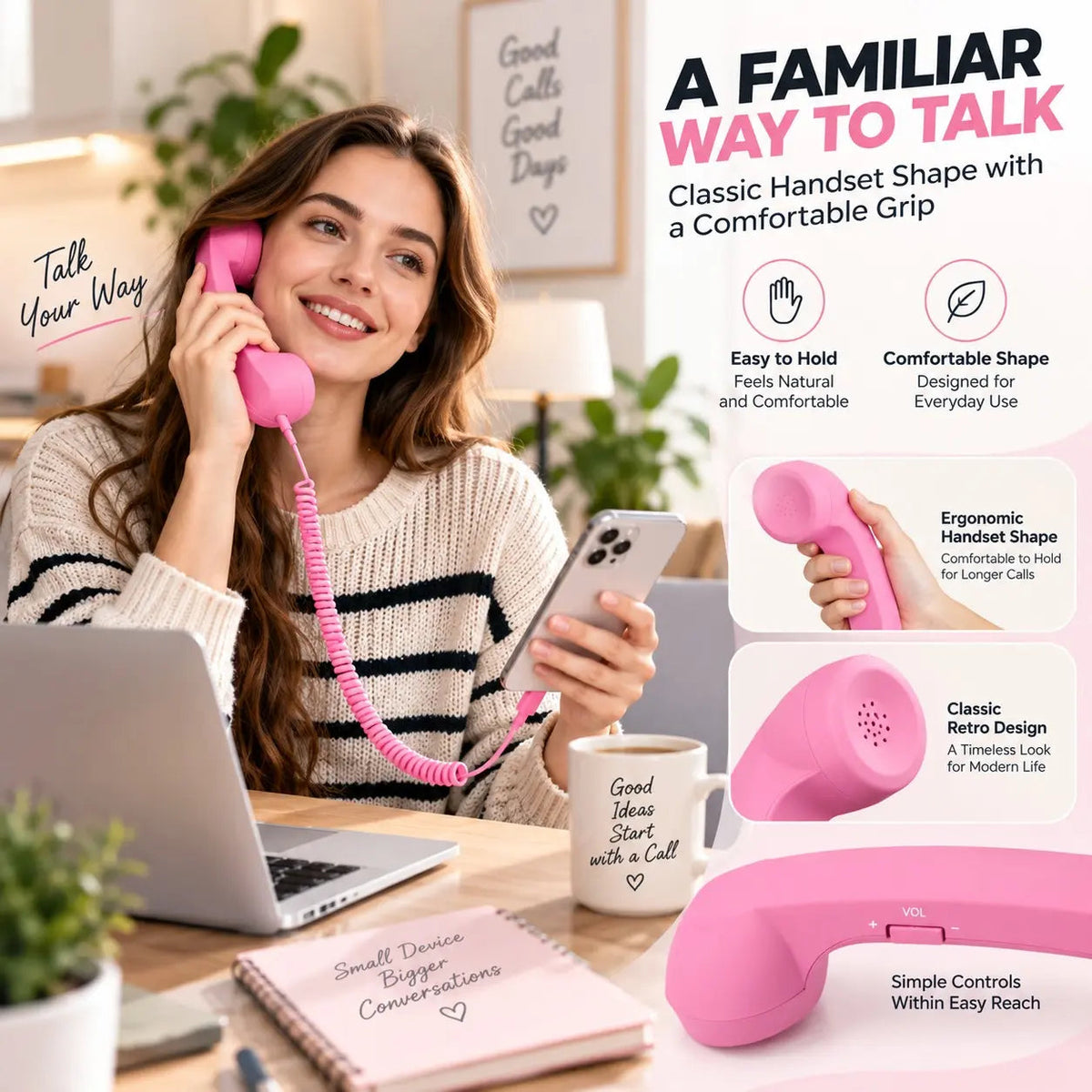 Woman comfortably holding a pink retro handset during a smartphone call