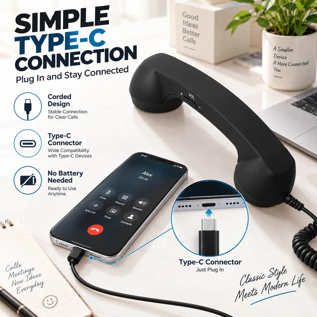 Black wired retro telephone handset shown with a USB Type-C connection