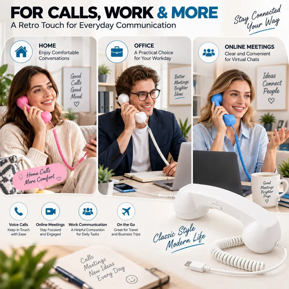 Retro phone handset shown for home calls, office calls and compatible online meetings
