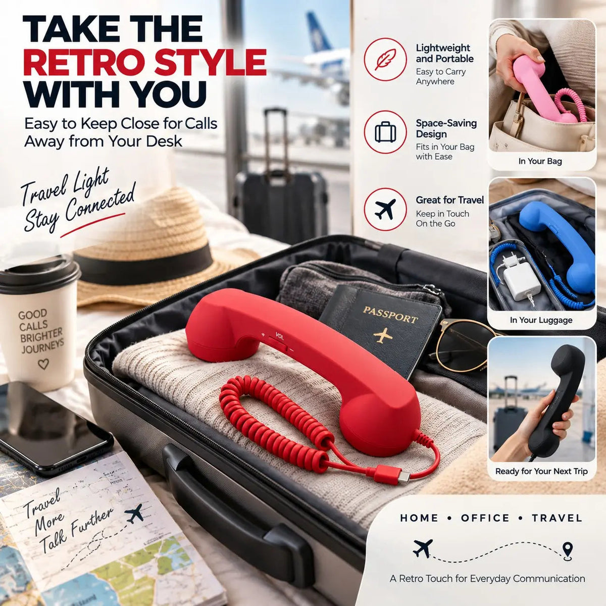 Red retro wired handset packed in luggage for travel