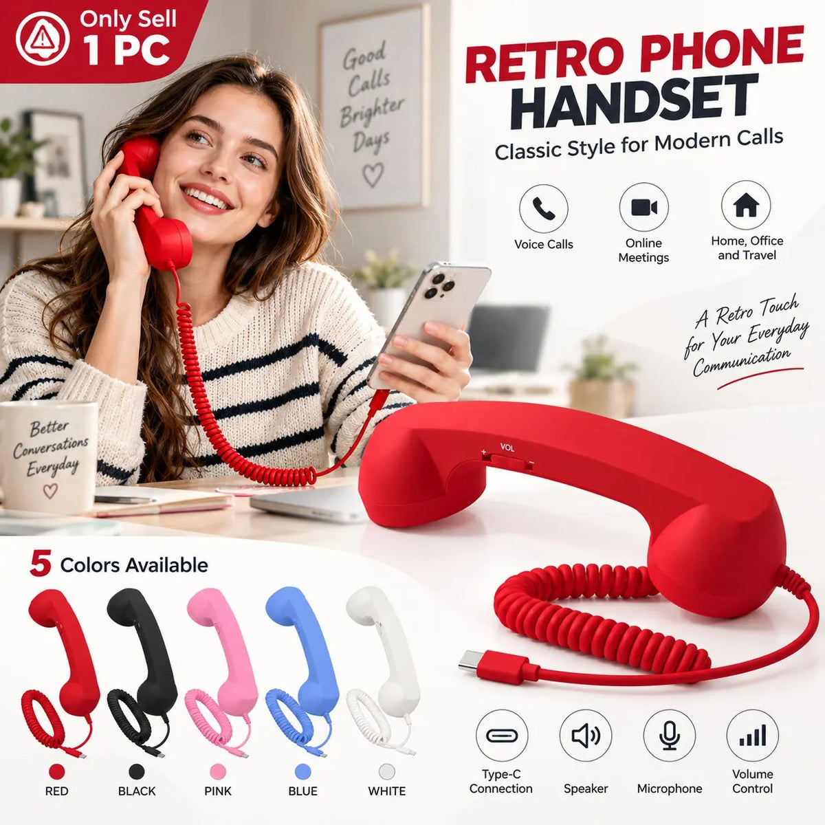 Woman holding a red retro telephone handset connected to a smartphone