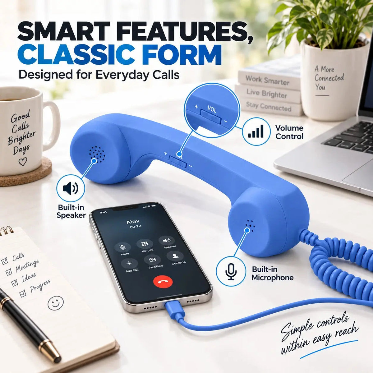 Blue retro phone handset showing microphone, speaker and volume controls