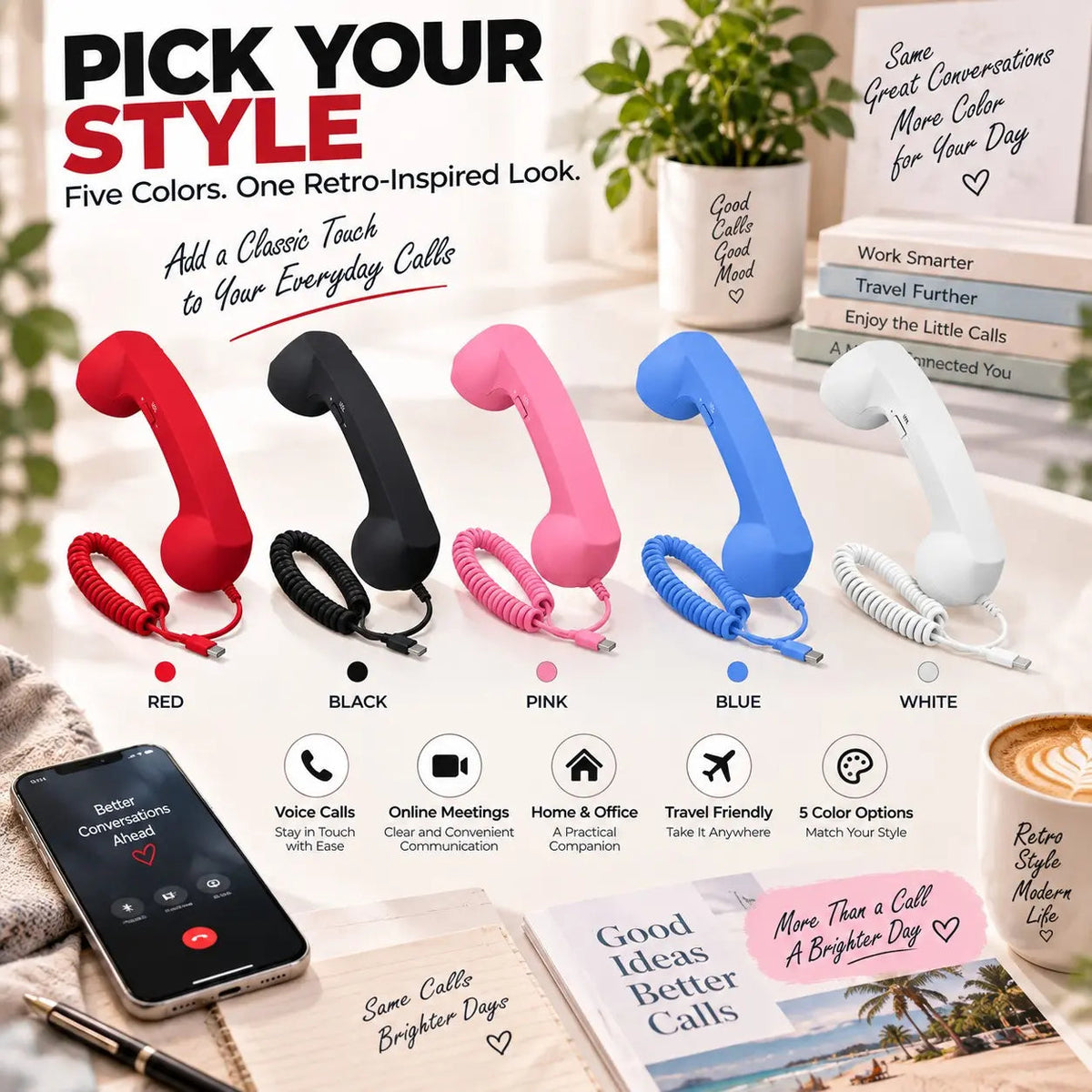 Retro telephone receivers in red black pink blue and white