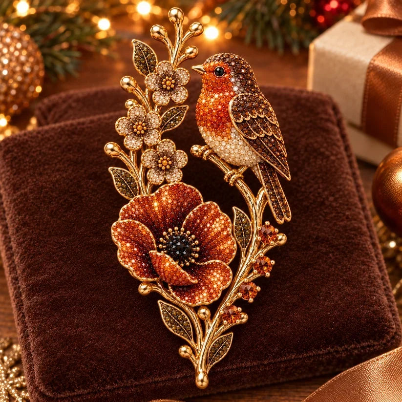 🐦🌸Robin & Poppy Crystal‑Encrusted Vintage Brooch
