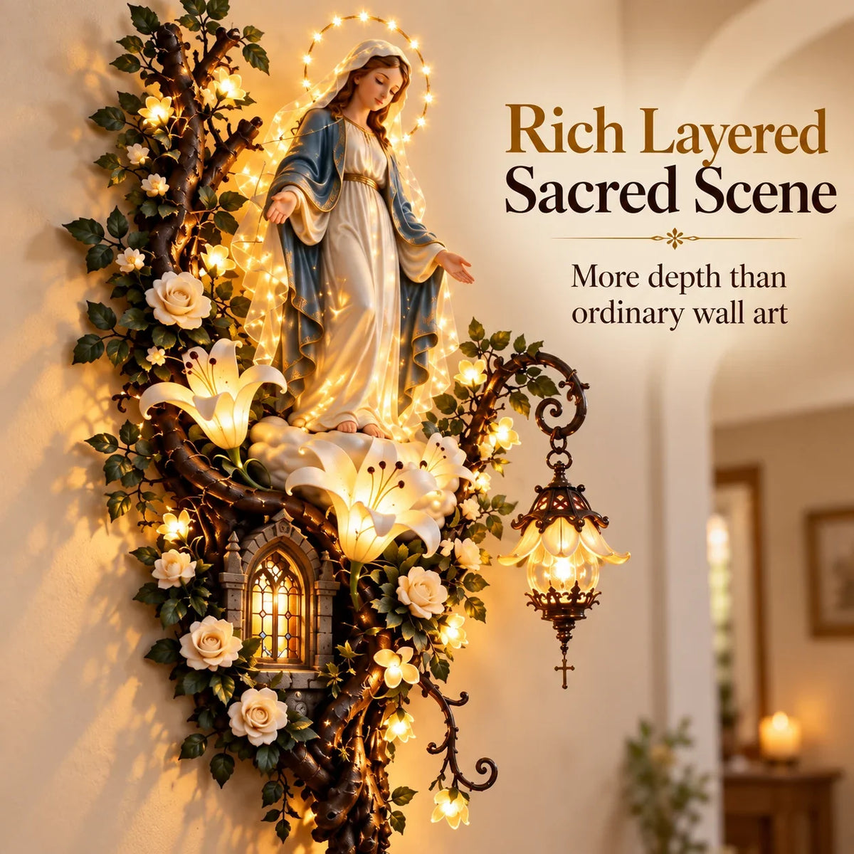 Flat religious wall art compared with illuminated Virgin Mary decor