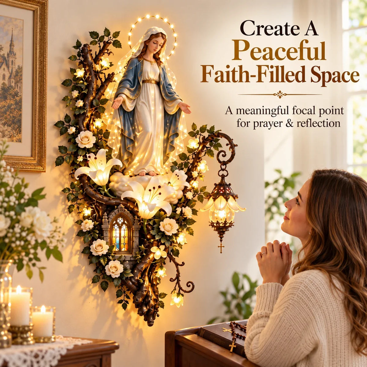 Virgin Mary illuminated wall decor in a faith filled home space
