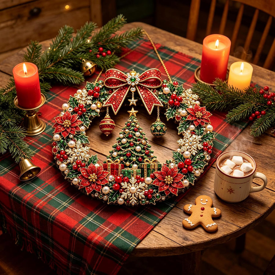 Completed holiday wreath in cozy Christmas craft setting