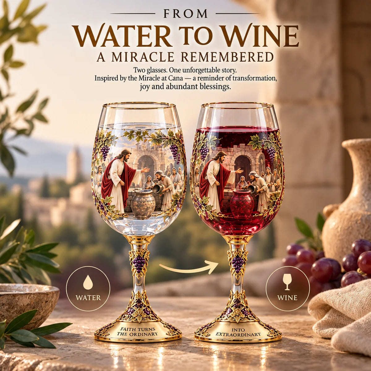 ✝️ Miracle at Cana™ – Jesus Turns Water Into Wine 🍷 | Christian Miracle Glasses & Meaningful Wedding Gift ❤️