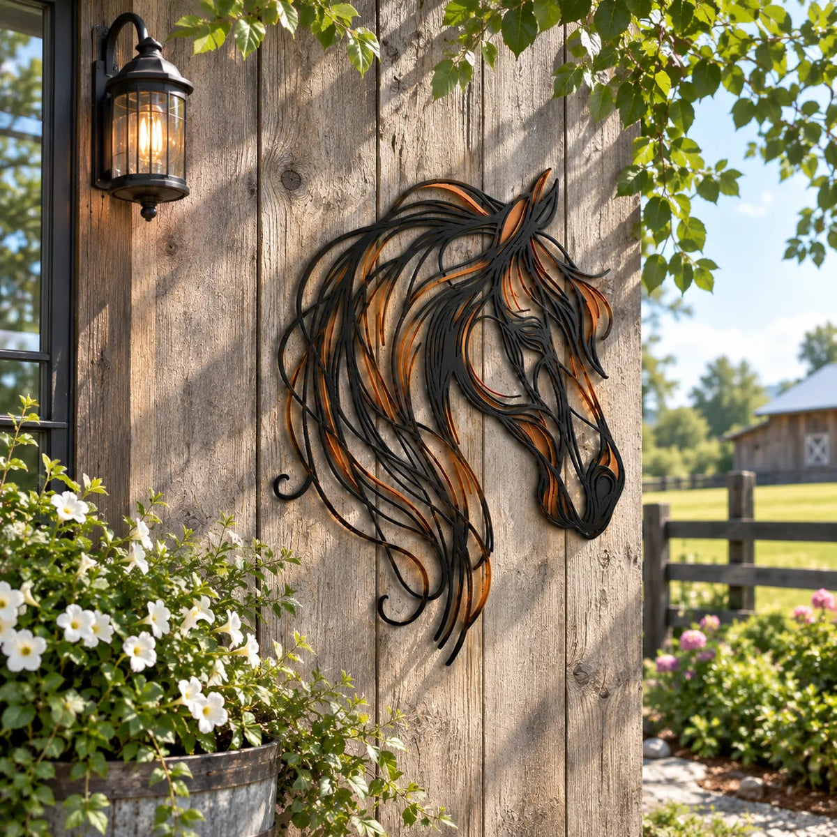 Horse Head Metal Wall Art on rustic wood wall