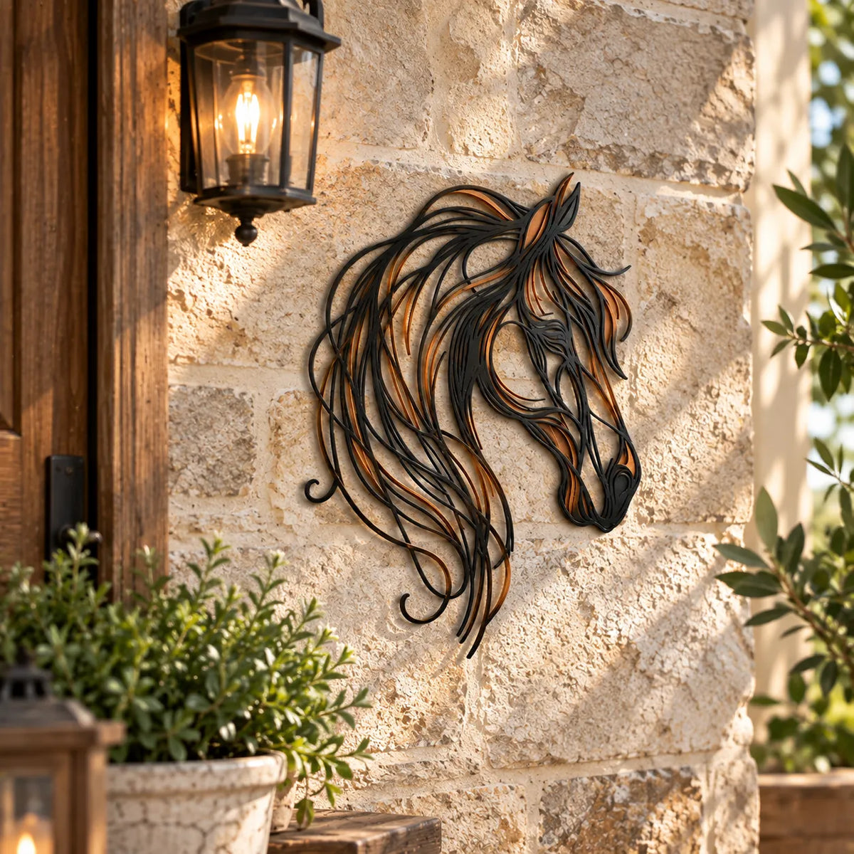 Horse Head Metal Wall Art displayed against stone wall