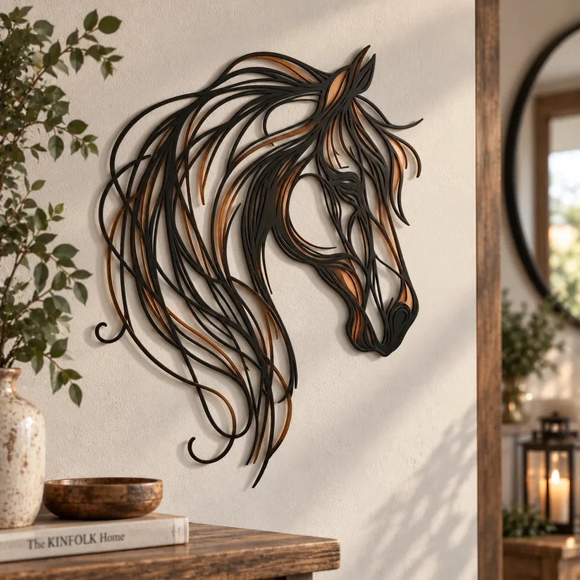 Horse Head Metal Wall Art in warm home entryway