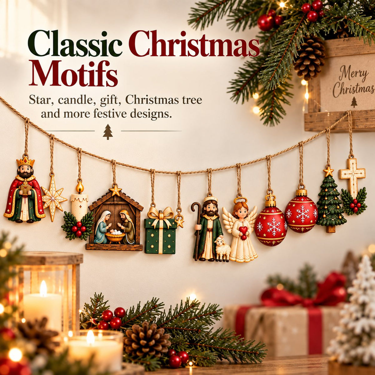 🎄 Set of 10 wooden ornaments featuring nativity and Christmas motifs
