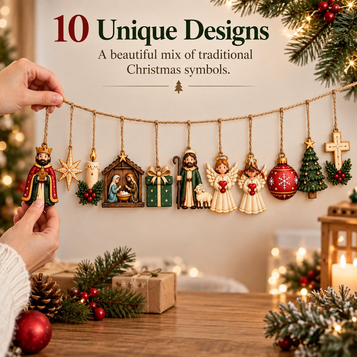 🎄 Set of 10 wooden ornaments featuring nativity and Christmas motifs