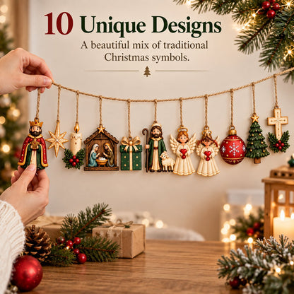 🎄 Set of 10 wooden ornaments featuring nativity and Christmas motifs