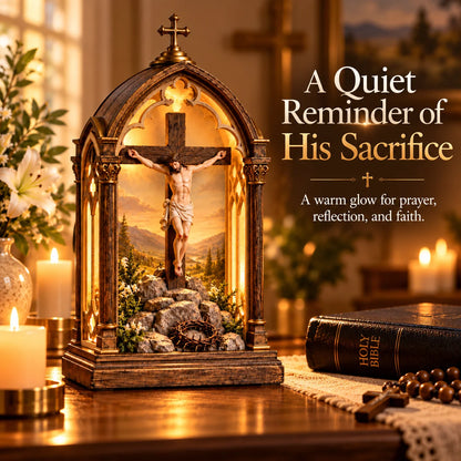 ✝️ Illuminated Calvary Devotional Shrine | Warm Christian Prayer Décor