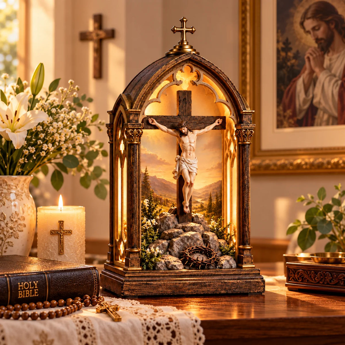 ✝️ Calvary Light of Faith™ – Illuminated Jesus Crucifix Prayer Shrine with Warm Devotional Glow & Sacred Christian Home Décor 🕯️🙏