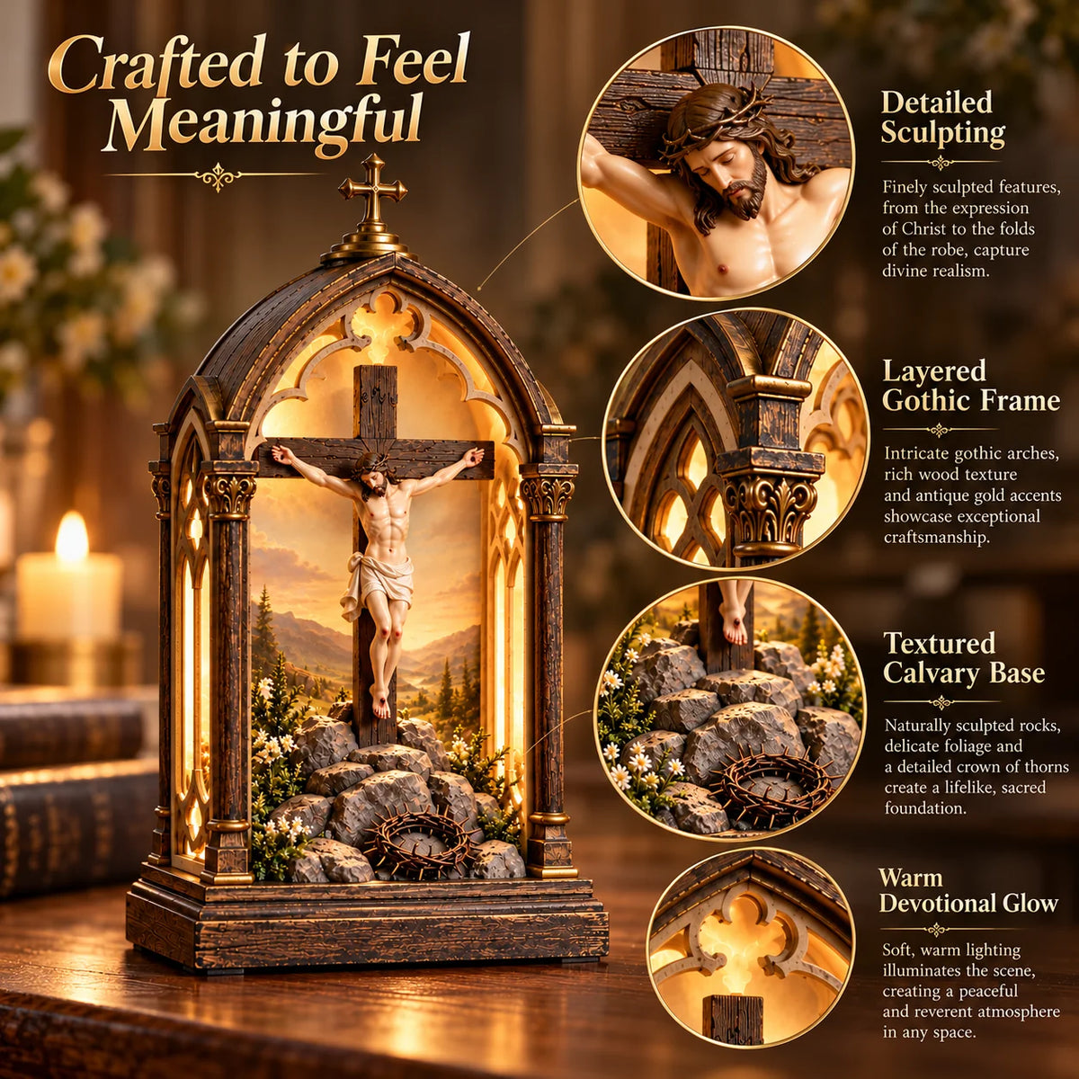 ✝️ Illuminated Calvary Devotional Shrine | Warm Christian Prayer Décor