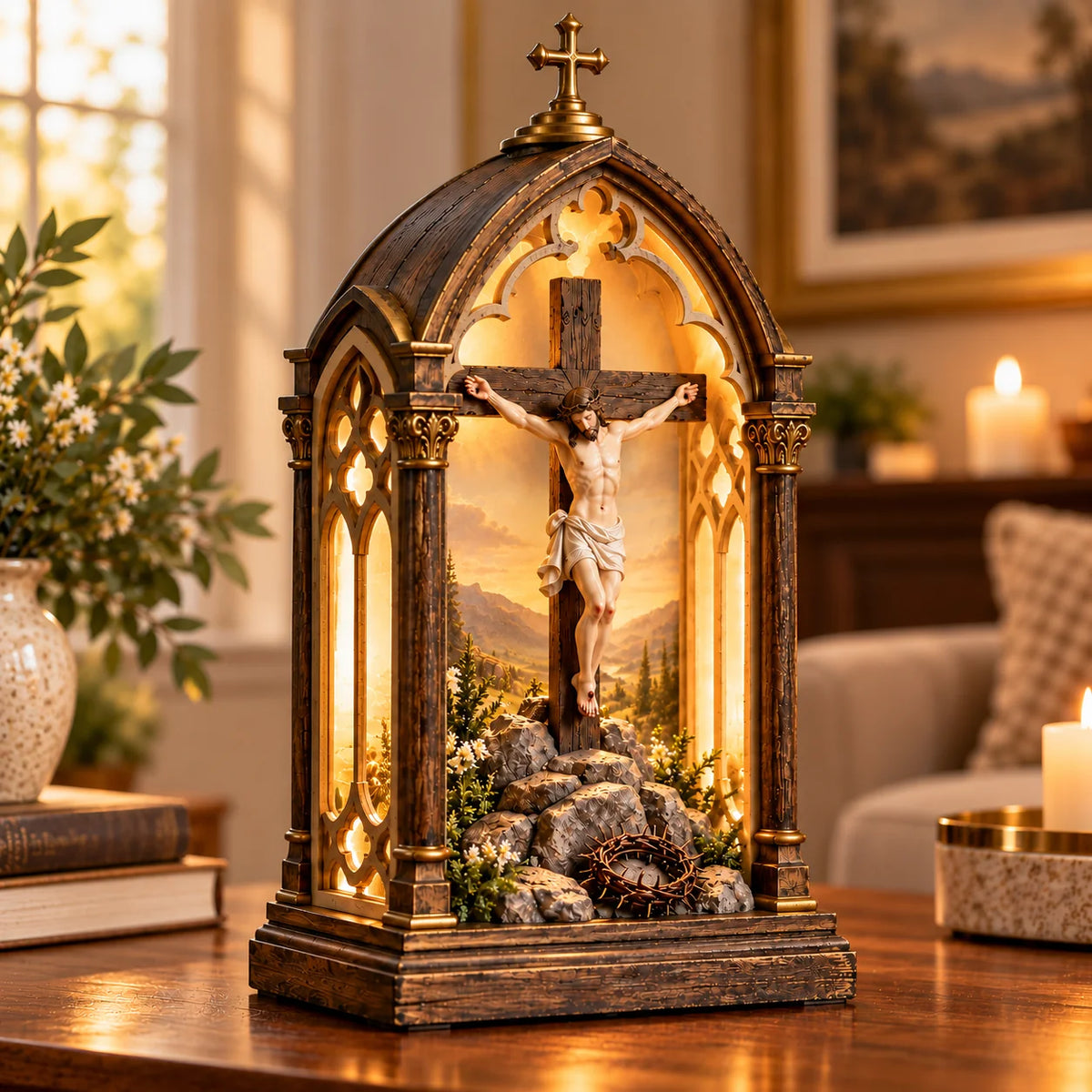 ✝️ Illuminated Calvary Devotional Shrine | Warm Christian Prayer Décor