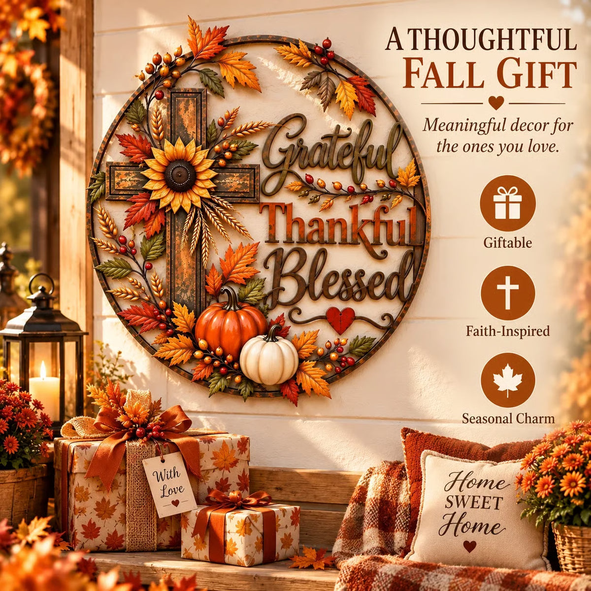 🍂 Grateful • Thankful • Blessed Fall Faith Wall Decor ✝️🌻