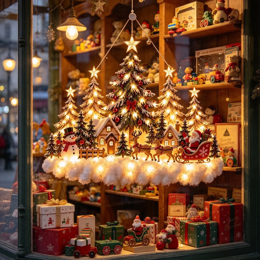 Christmas forest light decoration displayed in a festive shop window
