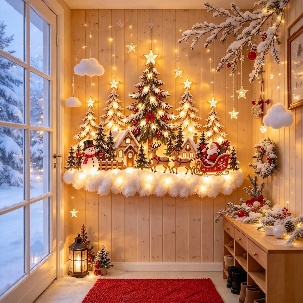Warm indoor Christmas decoration beside a winter window