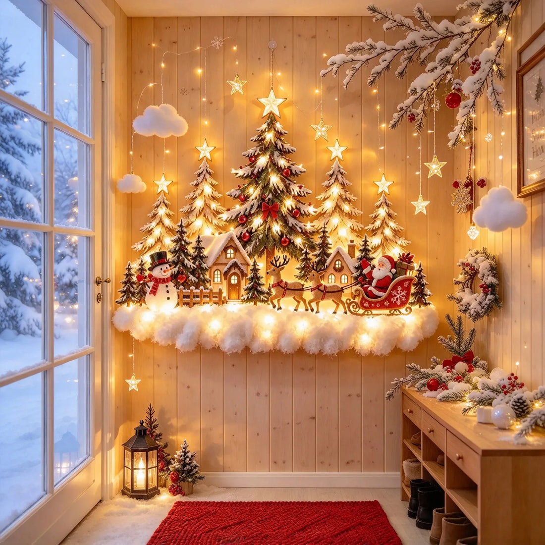 Christmas sleigh decoration displayed in a wooden entryway near a snowy window