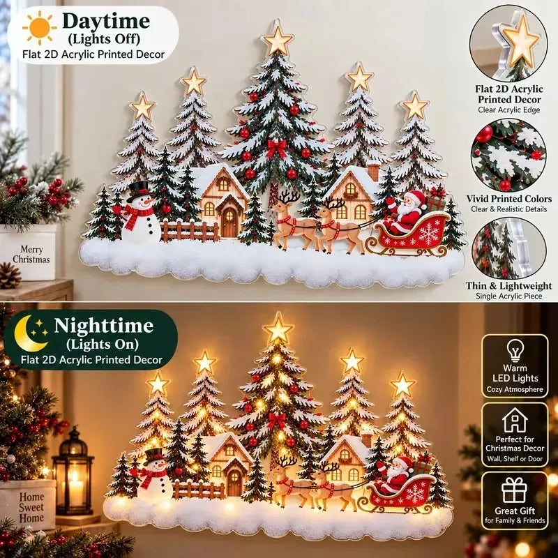 Daytime and nighttime comparison of the Christmas sleigh wall decoration