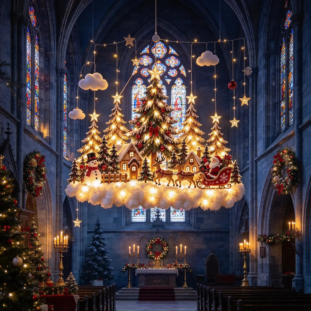 Decorative Christmas sleigh woodland light in a cathedral-inspired setting