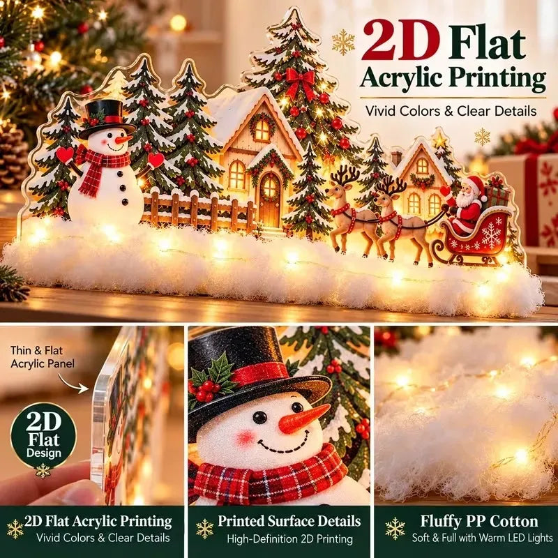 Close-up showing flat acrylic printed Christmas decoration and fluffy decorative base