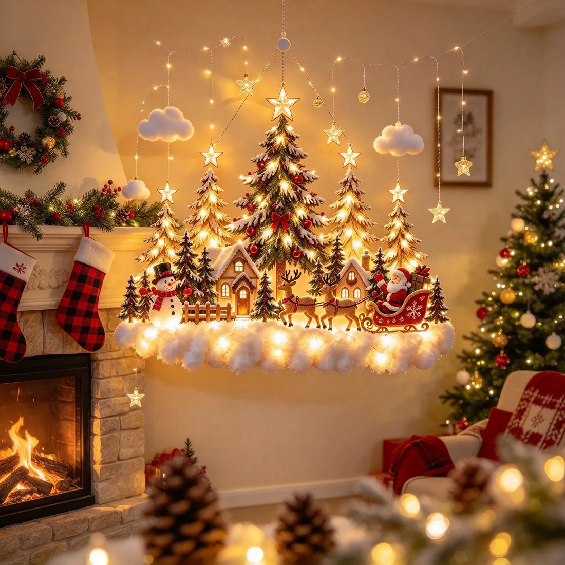Warm illuminated Christmas sleigh forest wall decoration above a fireplace