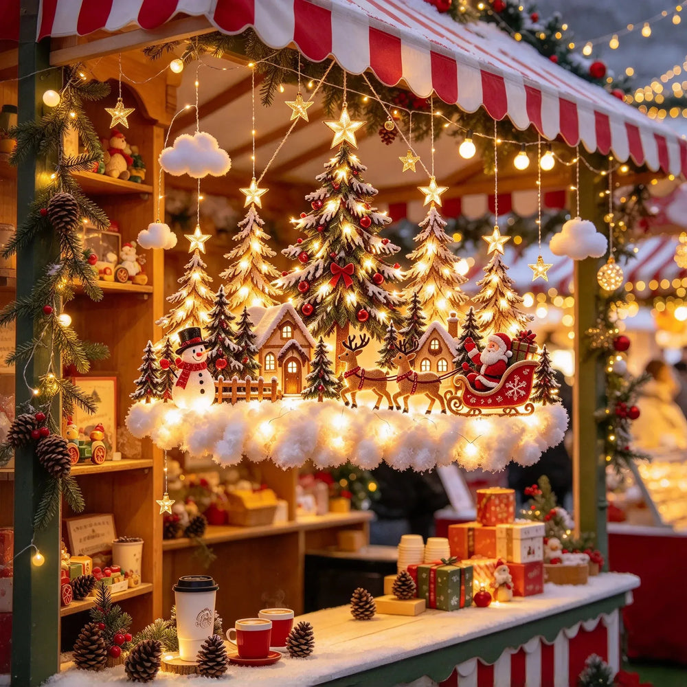 Christmas sleigh scene in a festive holiday market setting