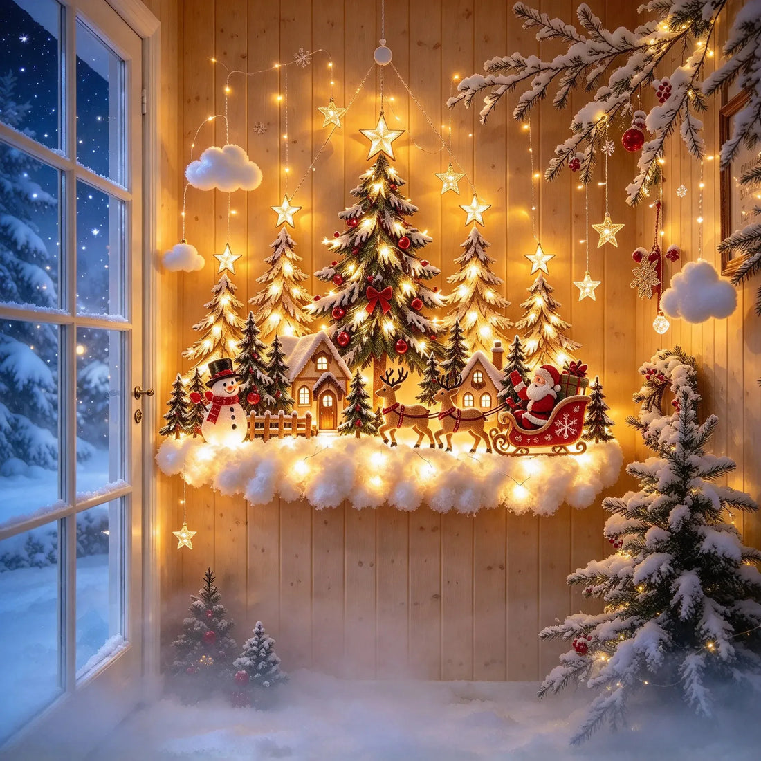 Lighted Christmas woodland scene glowing in a cozy holiday interior