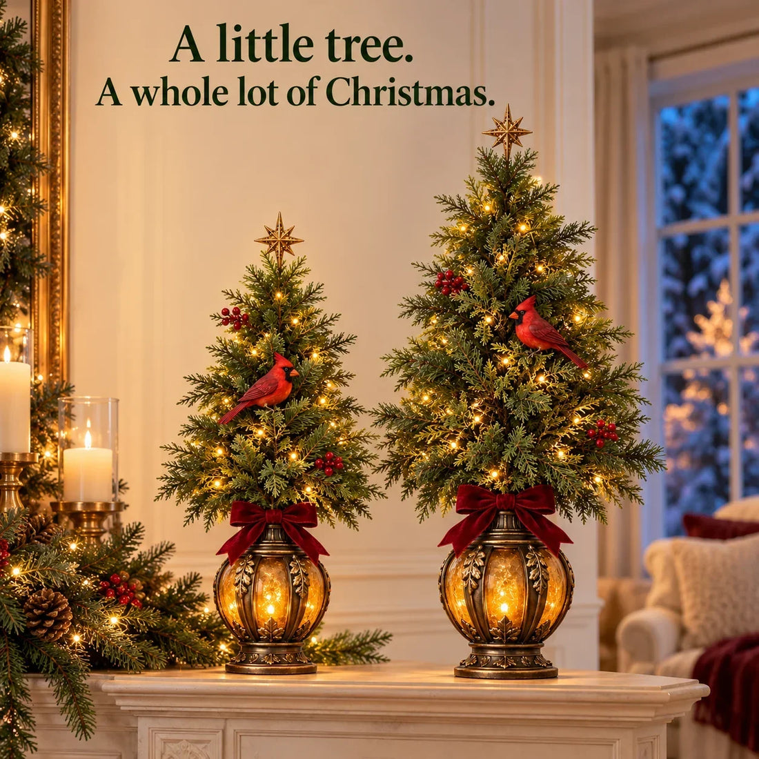 Cardinal Christmas lantern trees size and arrangement display