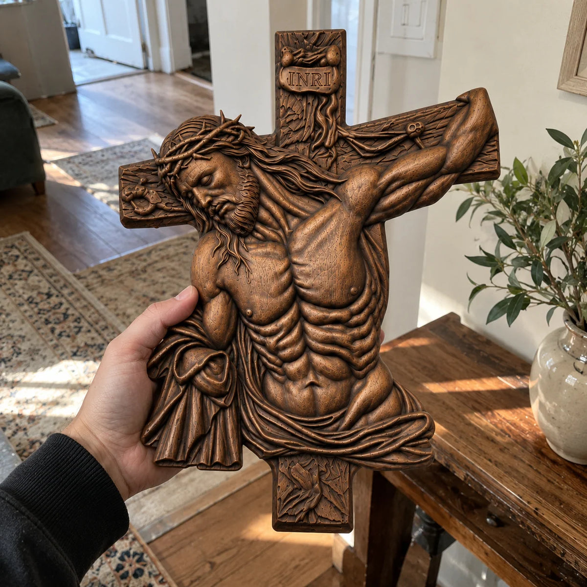 ✝️ Hand-Carved Beech Wood Crucifix – Jesus Christ Wall Cross with Intricate Relief Details | A Meaningful Reminder of His Love & Christian Faith Gift