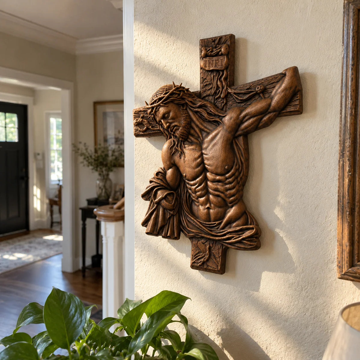 ✝️ Hand-Carved Beech Wood Crucifix – Jesus Christ Wall Cross with Intricate Relief Details | A Meaningful Reminder of His Love & Christian Faith Gift