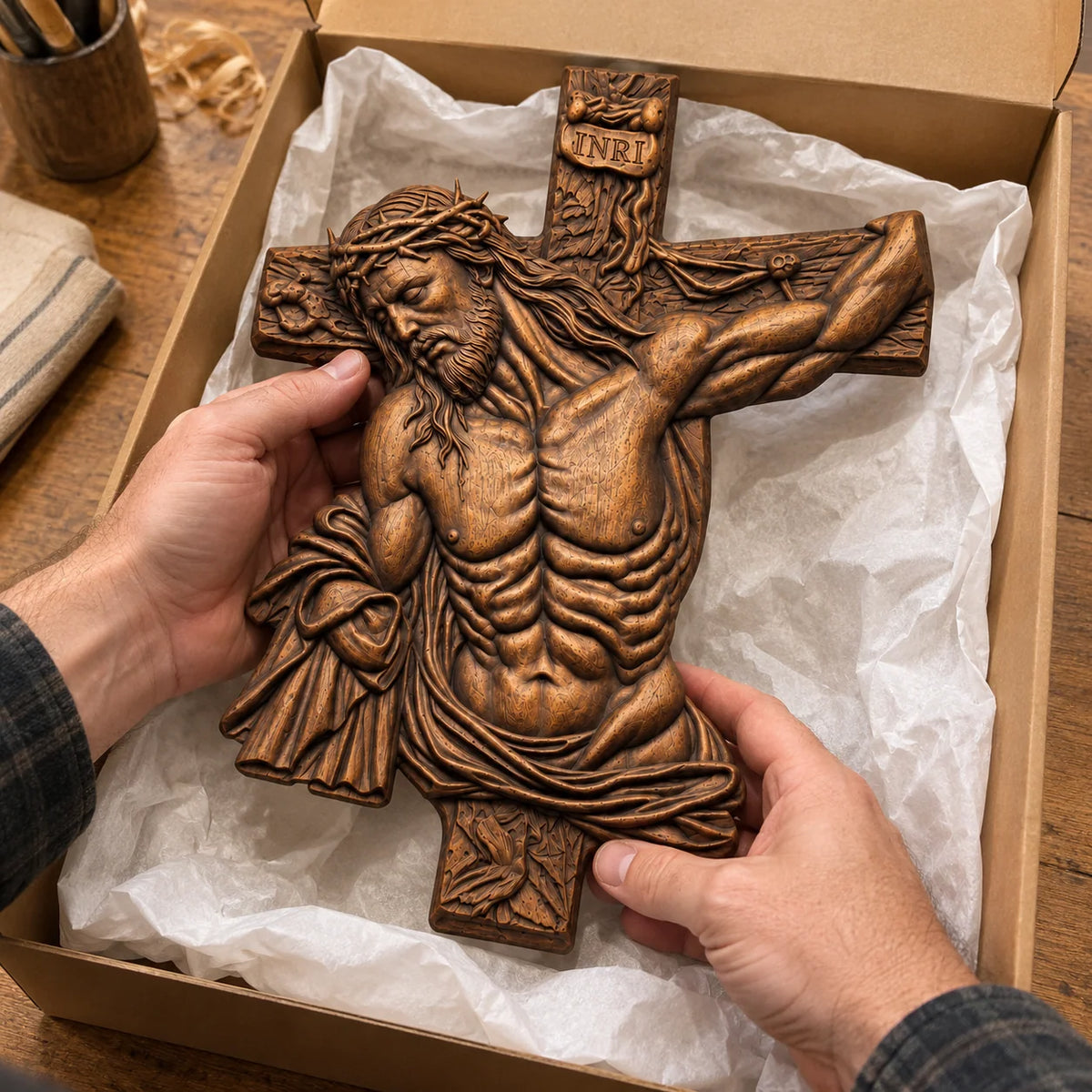 ✝️ Hand-Carved Beech Wood Crucifix – Jesus Christ Wall Cross with Intricate Relief Details | A Meaningful Reminder of His Love & Christian Faith Gift